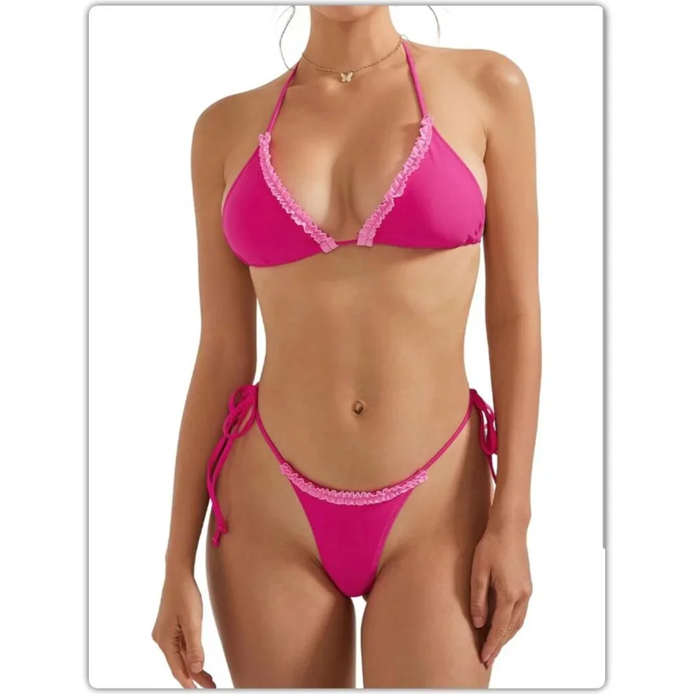 Pink Ruffle Thong Triangle Bikini - Picture 2 of 5